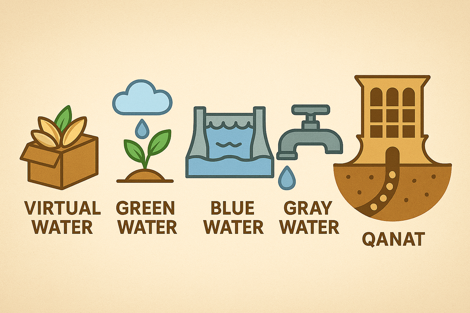 مفاهیم کلیدی آب - آب مجازی، آب سبز، آب آبی، آب خاکستری، قنات