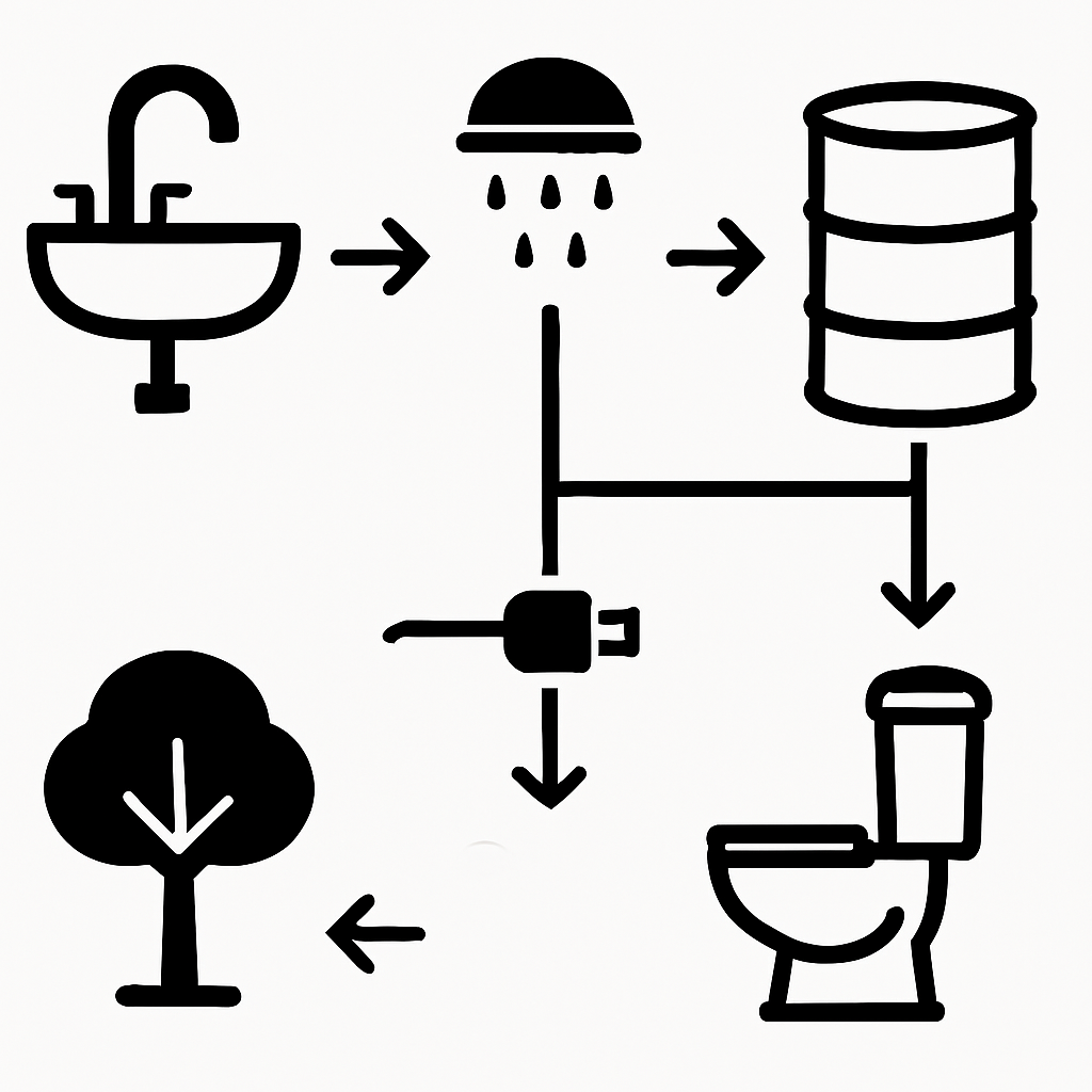 دیاگرام سیستم بازیافت آب خاکستری خانگی - استفاده مجدد از آب حمام برای آبیاری