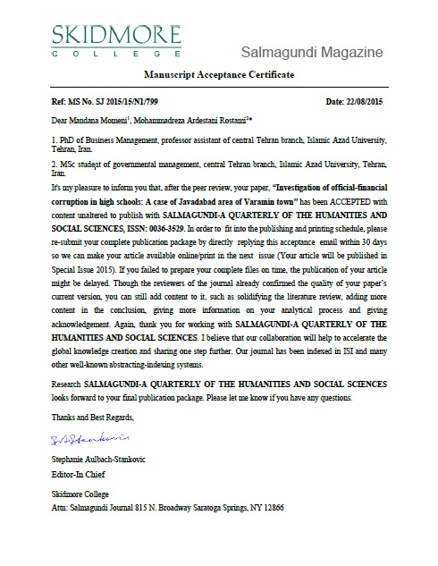01.Salmagundi-A Quarterly Of The Humanities and Social Sciences-ISSN 0036-3529 Investigation of official-financial corruption in high schools: A case ofJavadabad area of Varamin town